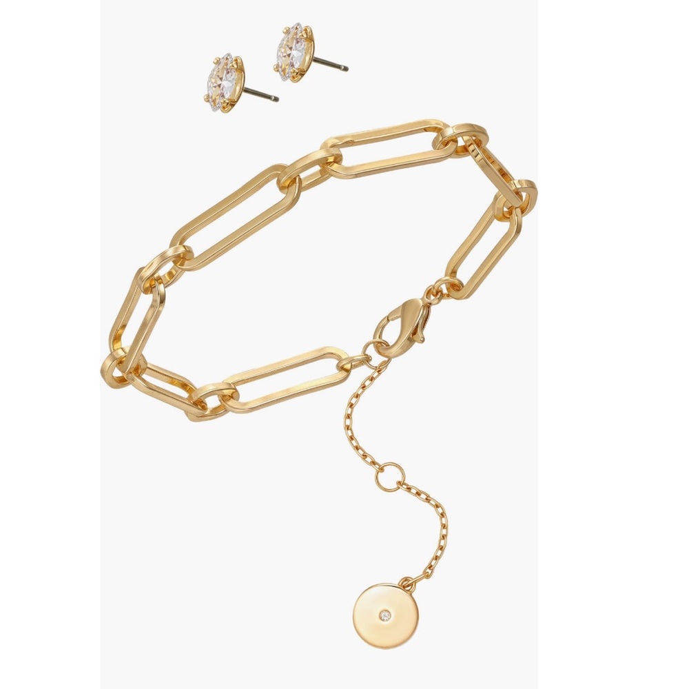 Vince Camuto 14k Gold Plated Paperclip Chain Bracelet with CZ Earrings - Picture 3 of 7